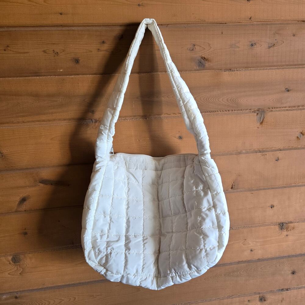 Quilted Purse Puffer Bag White Grid Shoulder Tote Boho Bookbag Prep Cottagecore - Picture 3 of 4